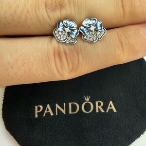 Pandora Blue Pansy Flower Stud Earrings #290781C01 Clear CZ